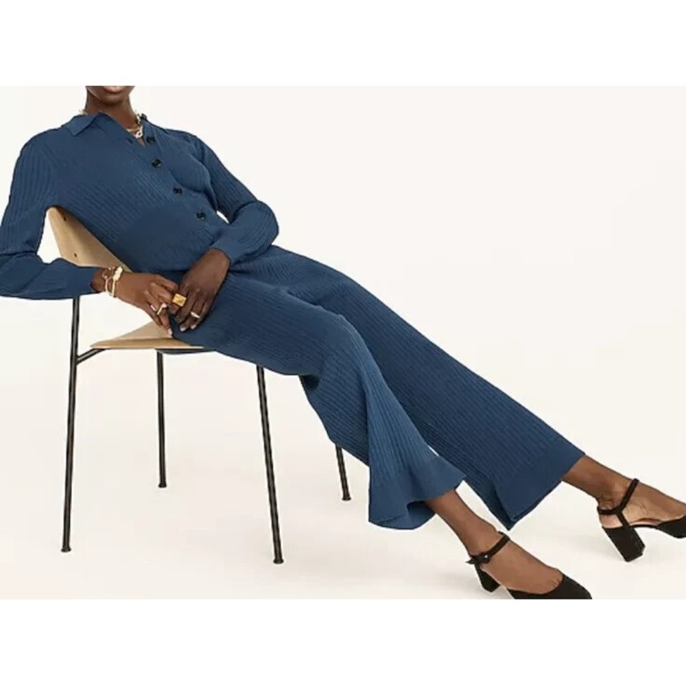 J. Crew Ribbed Knit Casual Comfort Cropped Jumpsuit in Dark Teal Size XL NEW - Picture 2 of 13